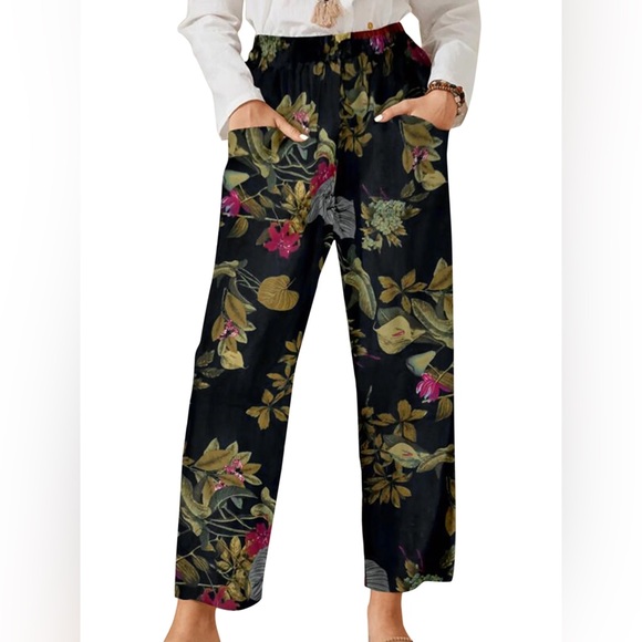 Floral Black Straight Leg Pants - Picture 1 of 4